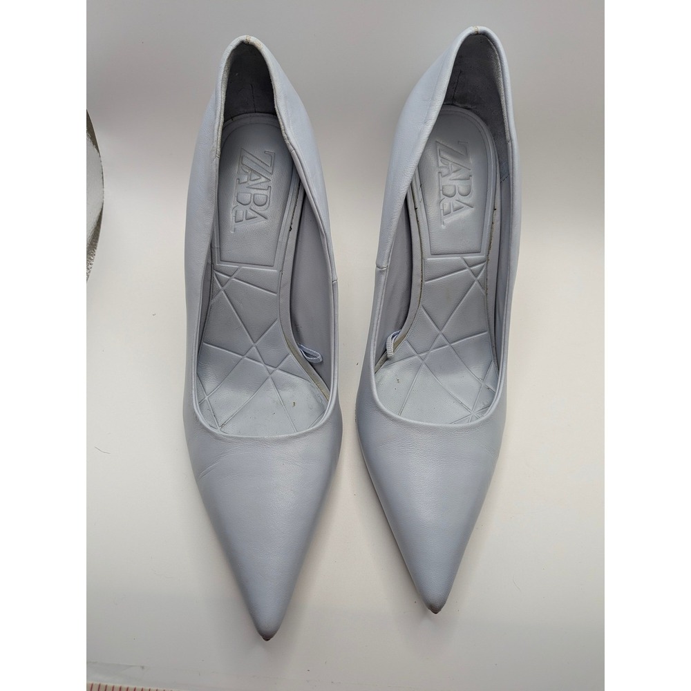 Baby Blue Leather Pointed Toe Stiletto Pumps Zara Heels Size 37 - Picture 5 of 11